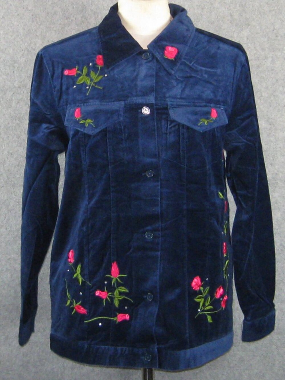 Quacker Factory Velvet Rose Embroidered Jacket Blue M